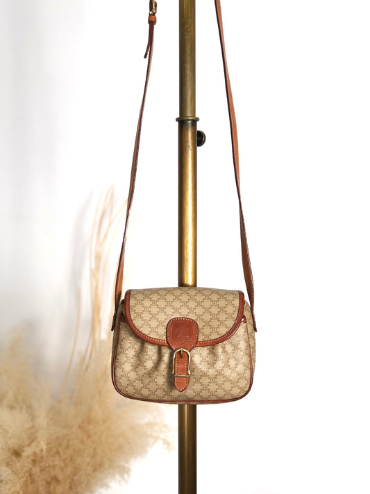 CELINE Macadam Front Buckle  Shoulder bag Beige Vintage hx87nm