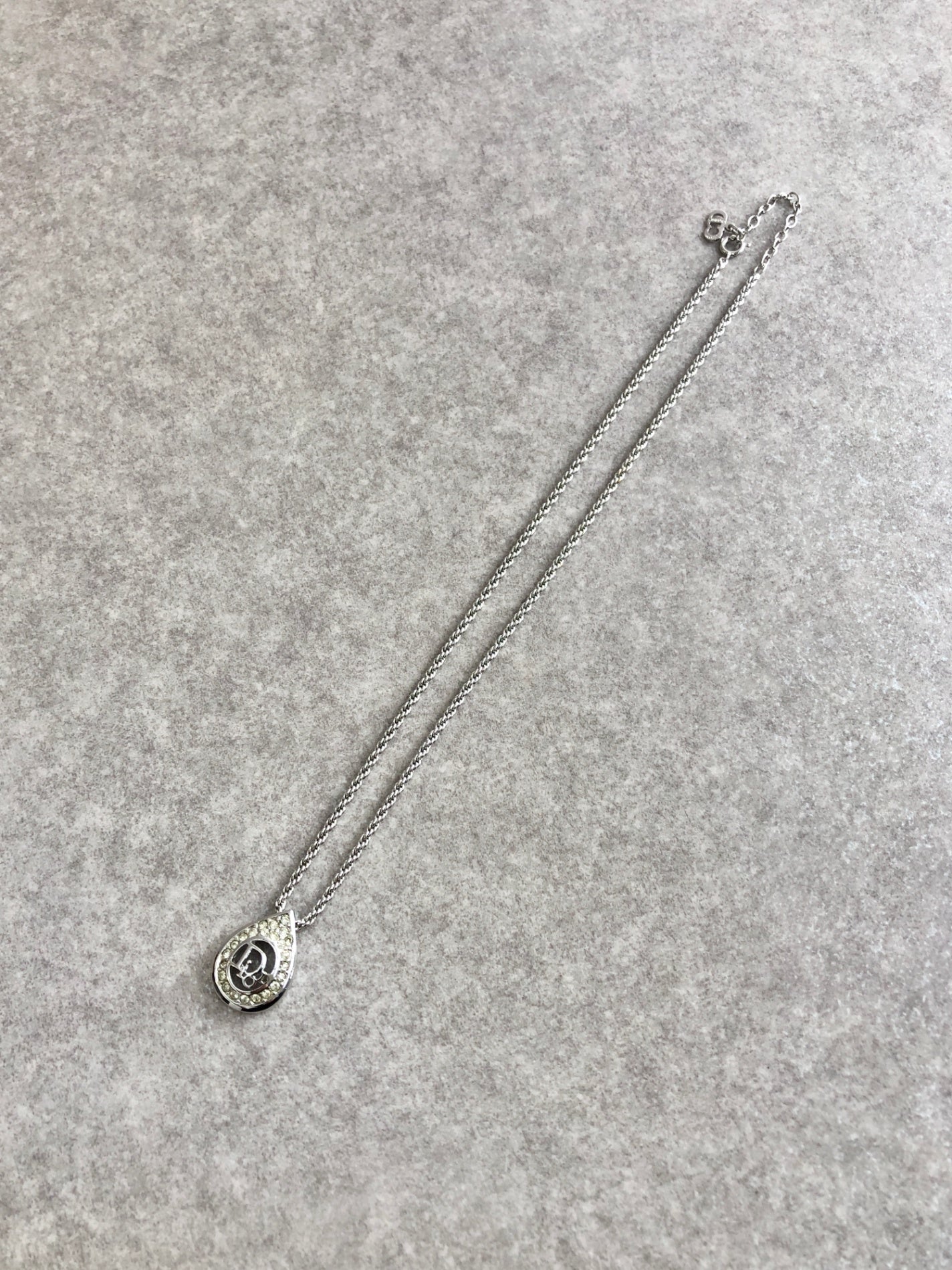 Christian Dior Logo Rhinestone Necklace Silver Vintage p8mj87