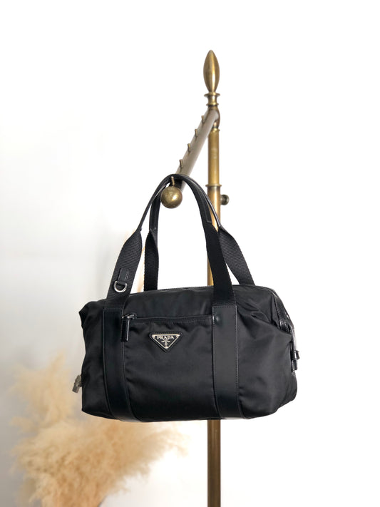 PRADA Tessuto Triangle Logo Small Boston bag Handbag Black BR3697 Vintage ftdzu4