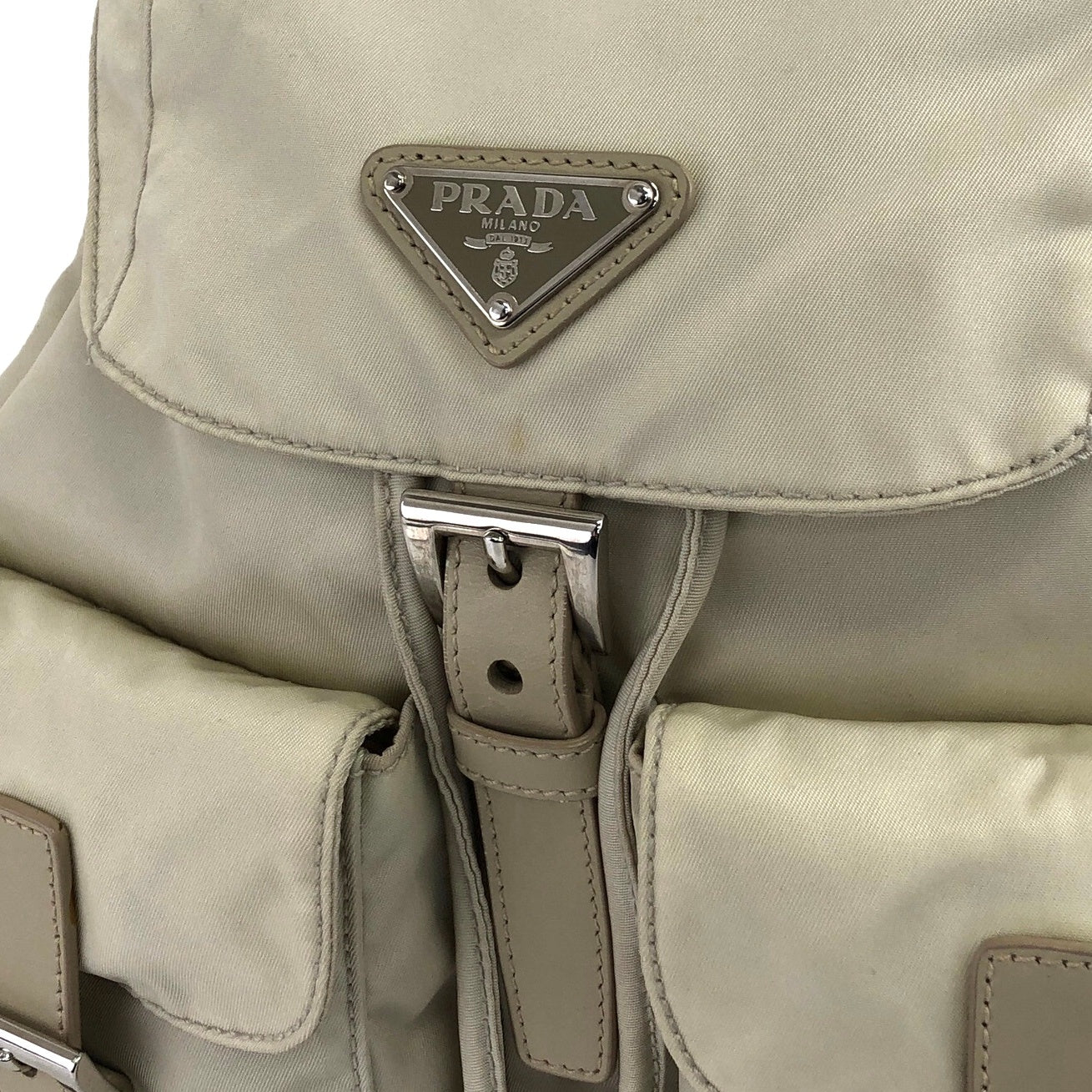 PRADA Triangle Logo Double Pocket Nylon Backpack Ivory Vintage heratz