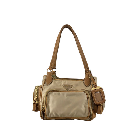 PRADA Tessuto Triangle Logo Side Pocket Handbag Beige Vintage a35ftn