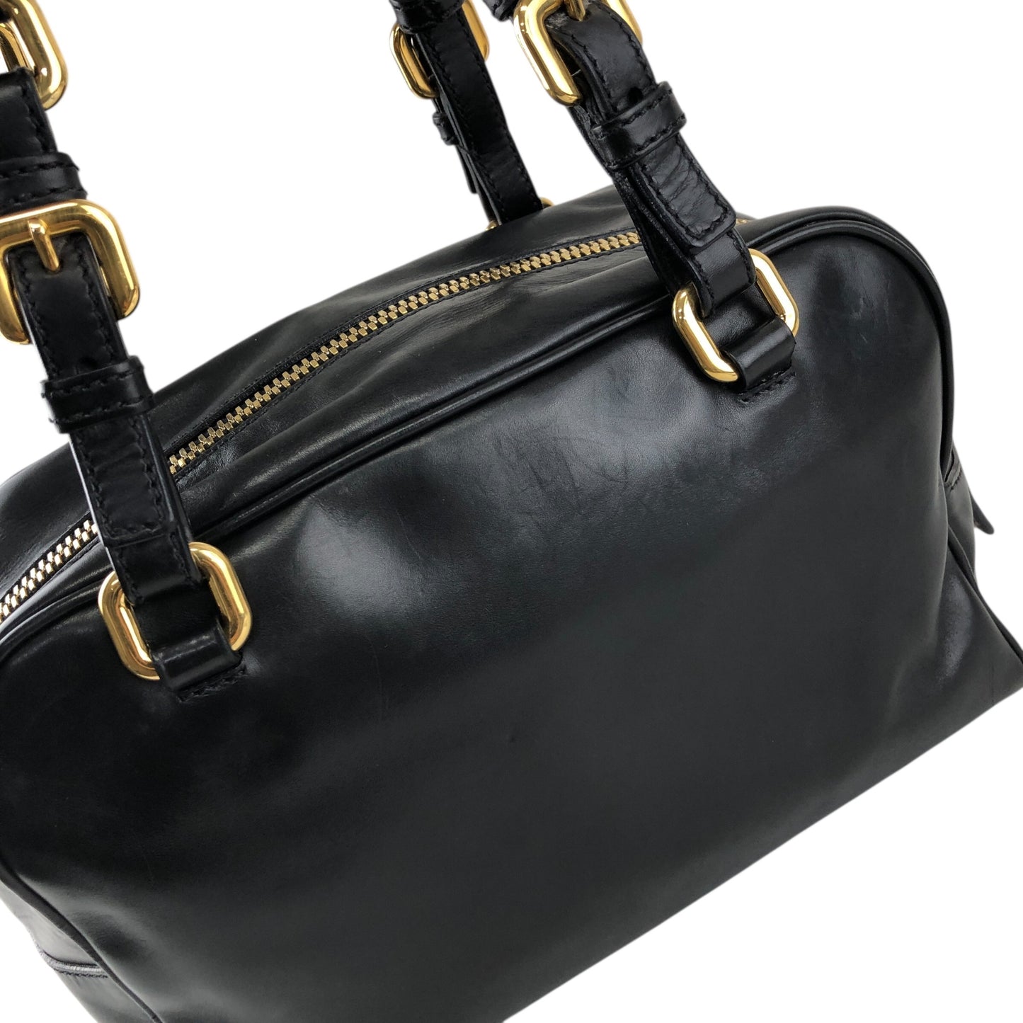 PRADA Logo Embossed Handbag Boston bag Black Vintage nfyku6