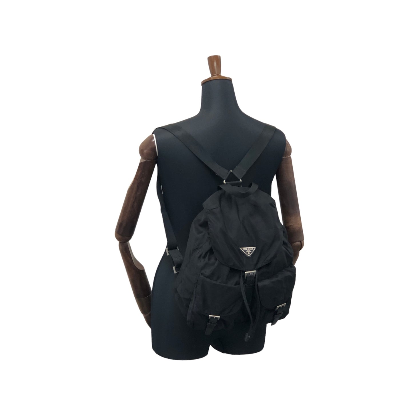 PRADA Triangle Logo Double Pocket Nylon Backpack Black Vintage mwb7bb