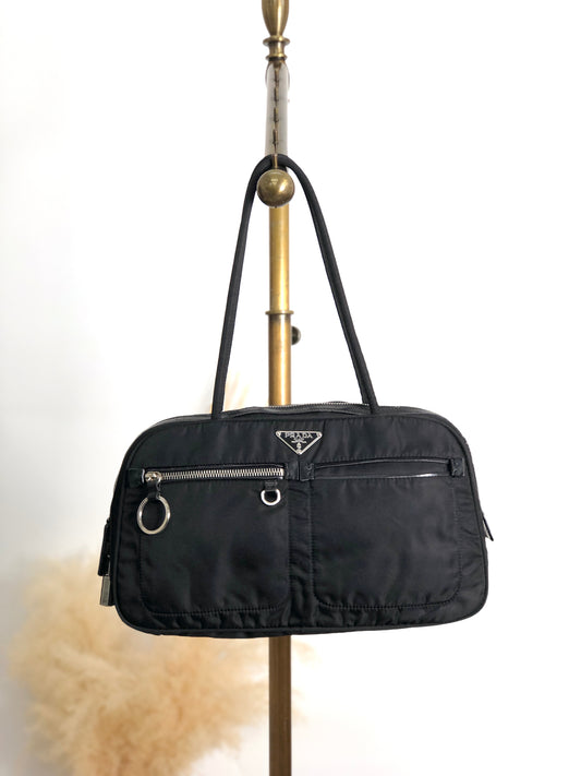 PRADA Tessuto Triangle Logo Front Pocket Small Boston bag Handbag Black Vintage gips8j