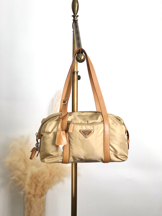 PRADA Tessuto Triangle Logo Small Boston bag Handbag Beige Vintage ib6juf