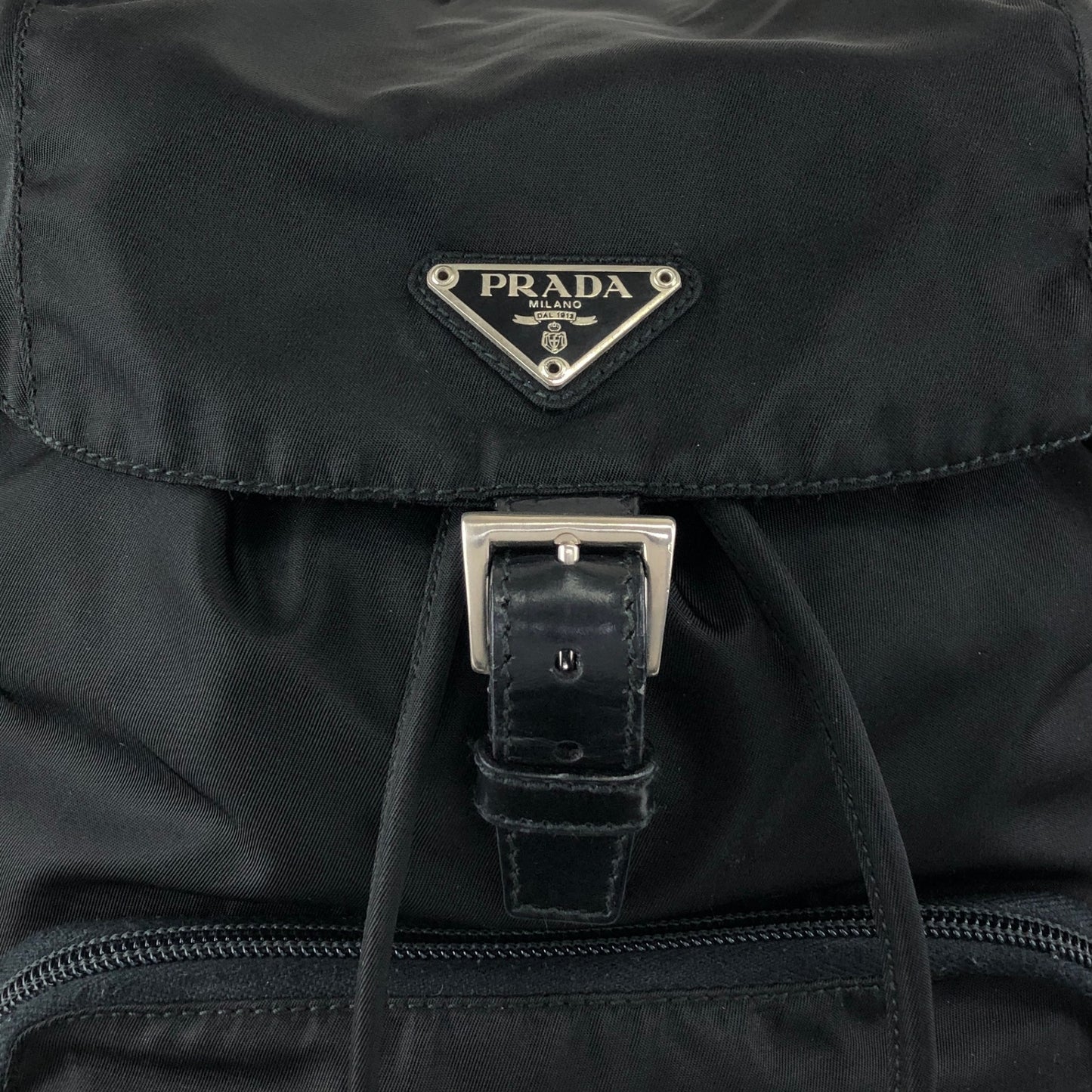 PRADA Tessuto Triangle Logo Front Buckle Backpack Black Vintage bde87k