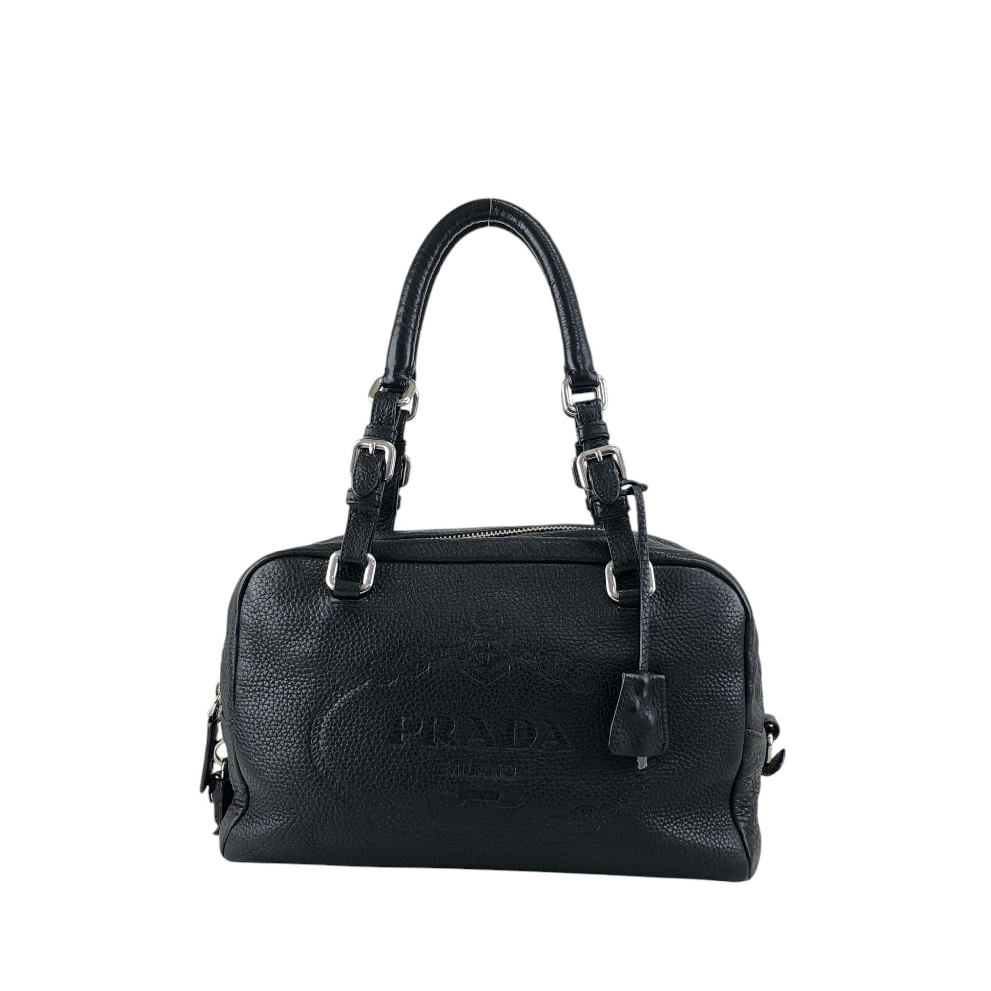 PRADA Logo Embossed Small Boston bag Handbag Black Vintage 2nb76v
