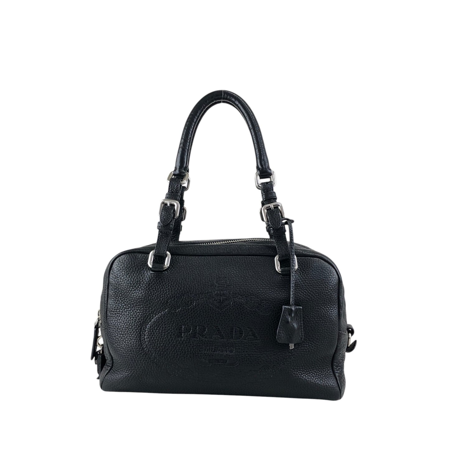 PRADA Logo Embossed Small Boston bag Handbag Black Vintage 2nb76v