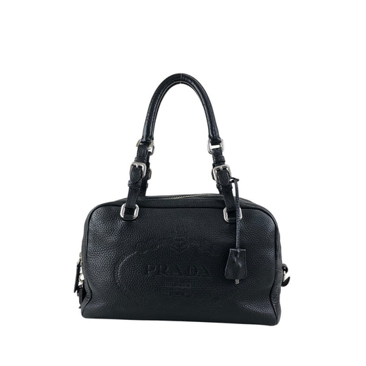 PRADA Logo Embossed Small Boston bag Handbag Black Vintage 2nb76v