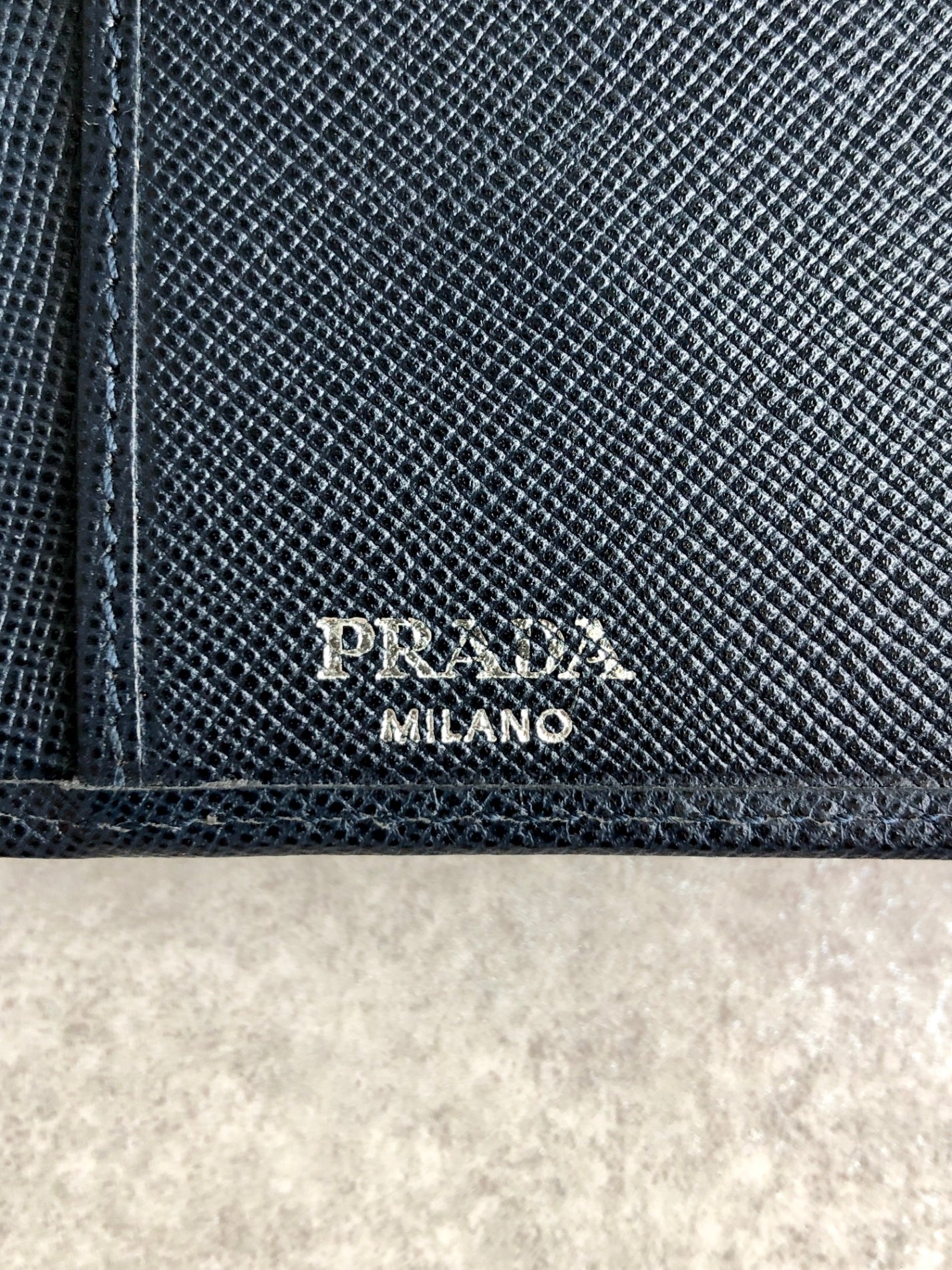 PRADA Triangle Logo Trifold Wallet Navy Vintage drpp55