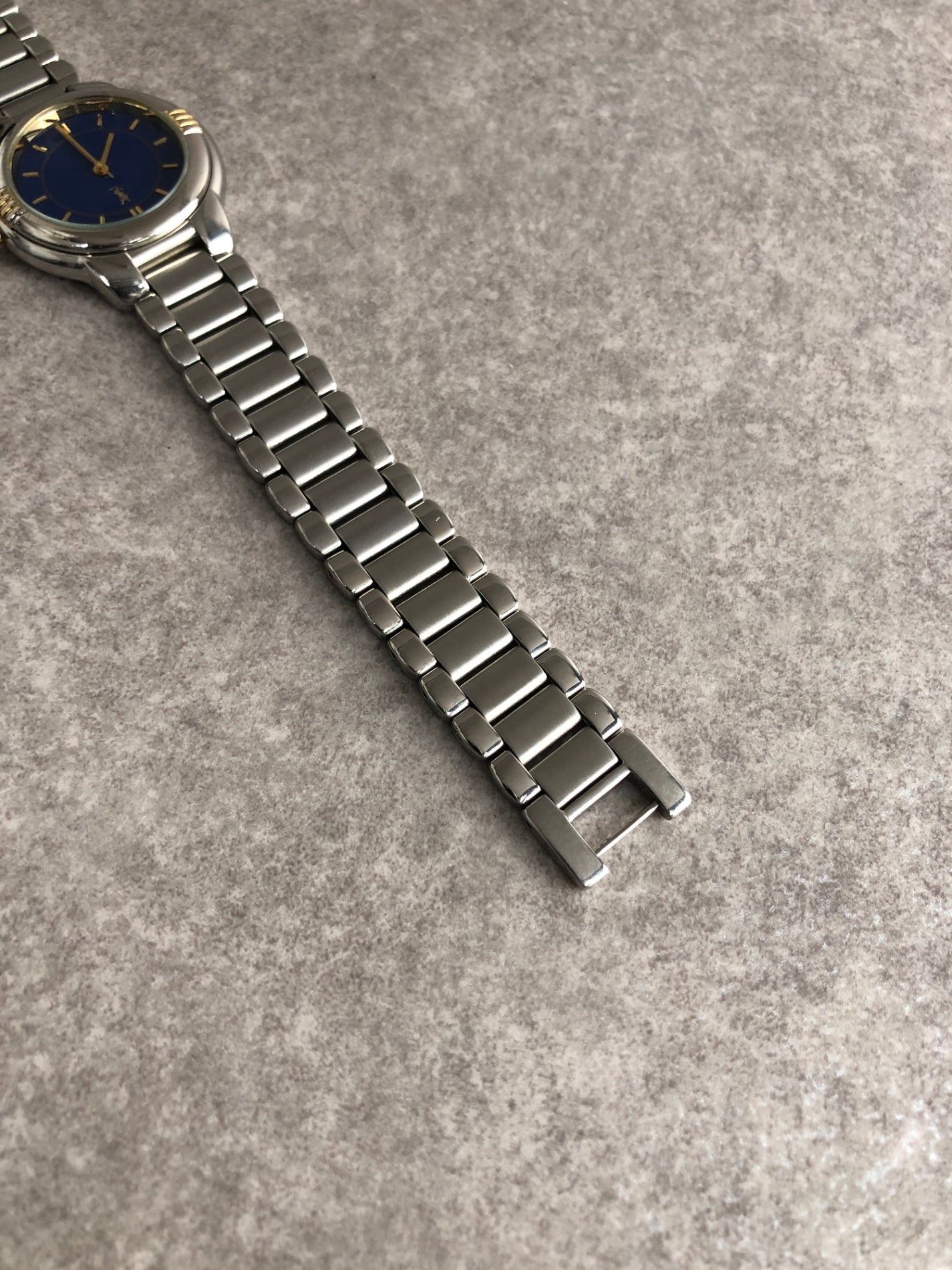 Yves Saint Laurent YSL Logo Quartz Watch Silver×Blue 6031-G11246 Vintage rcren6