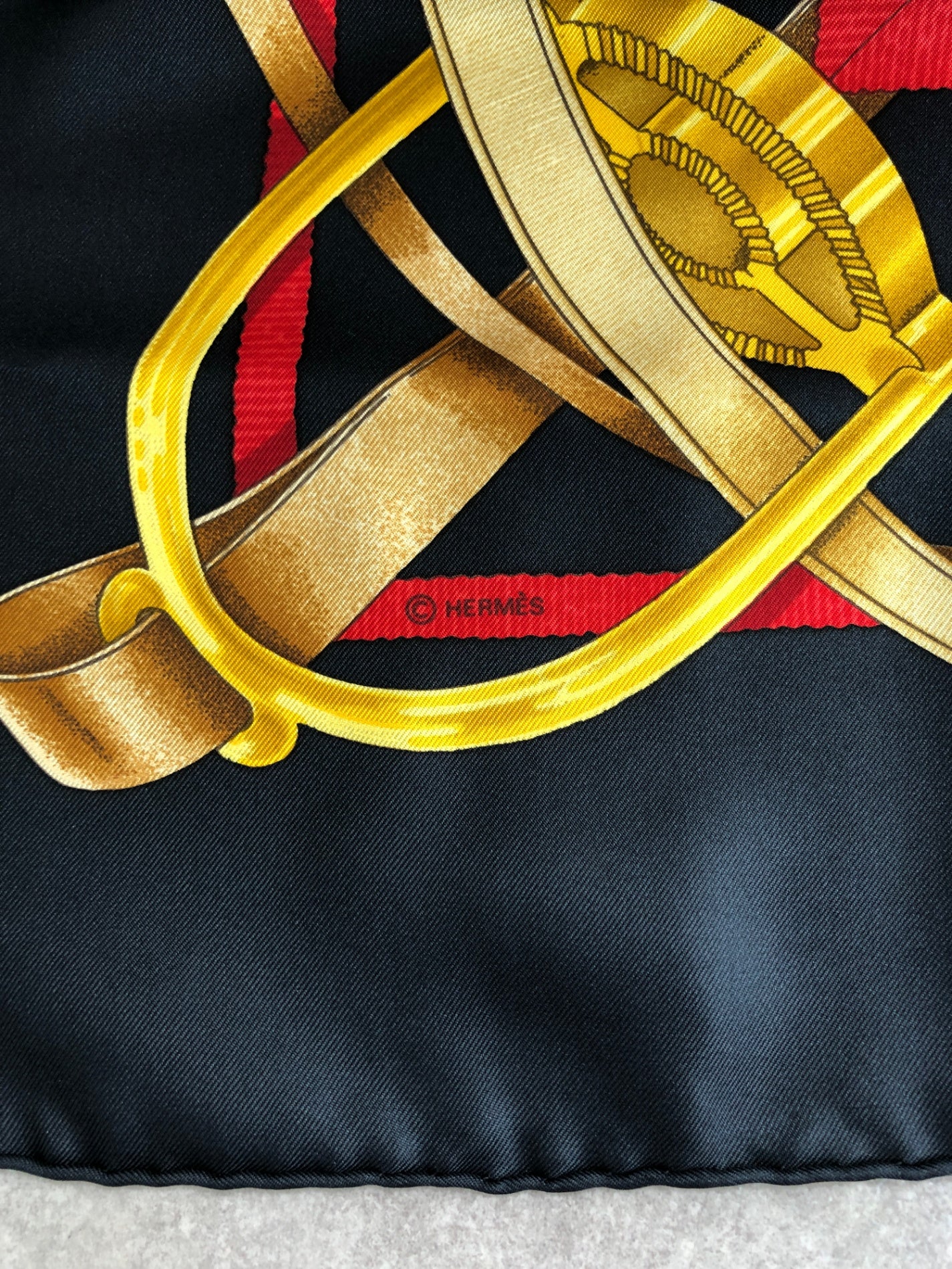 HERMES SILK Scarf Black×Gold grand manege Vintage bz5cun