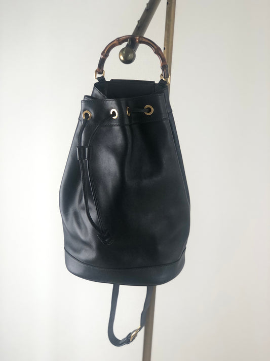 GUCCI Bamboo Leather Drawstring Shoulder bag Black Vintage f5ytcx