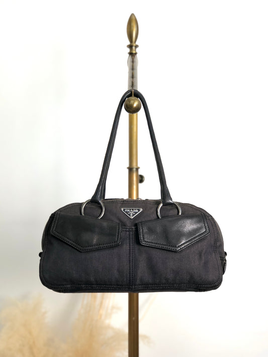 PRADA Triangle Logo Front Pocket Small Boston bag Handbag Black Vintage 7uz66d