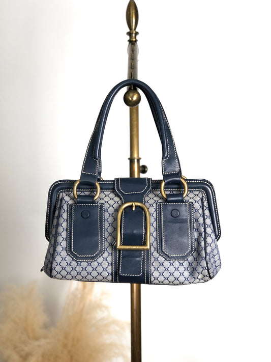 CELINE Blason Front Buckle Handbag Navy Vintage rk6nfn