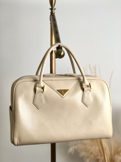 Yves Saint Laurent YSL Logo Boston bag Handbag Beige Vintage kc4cx5