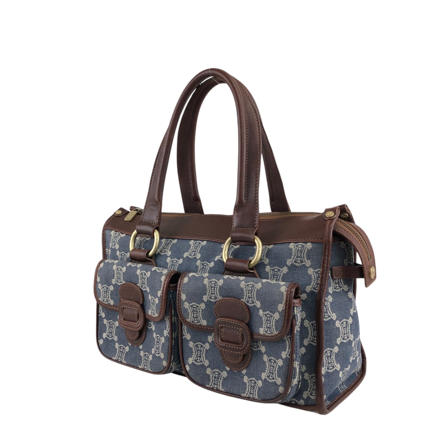 CELINE Paris Macadam Double Pocket Handbag Navy Vintage sh5hjs