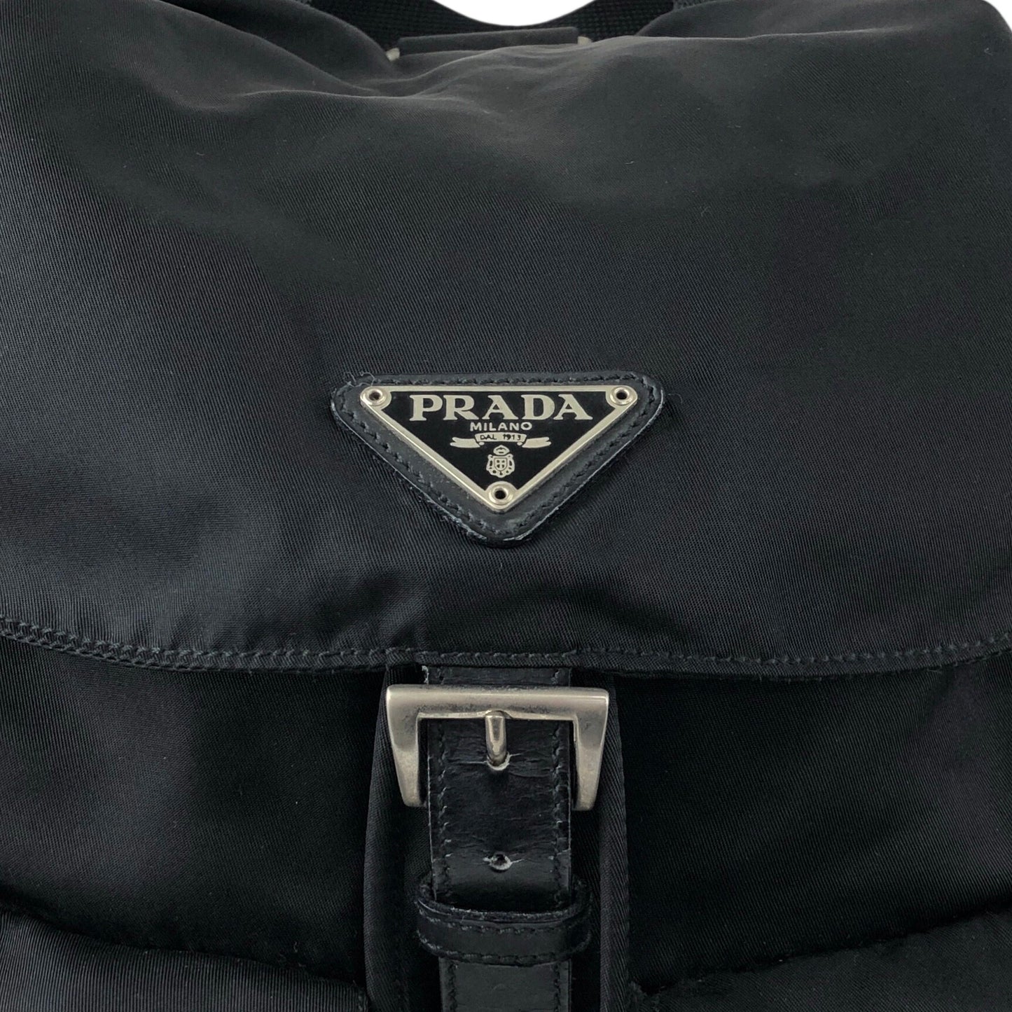 PRADA Tessuto Triangle Logo Front Buckle Backpack Black Vintage ku8tbi