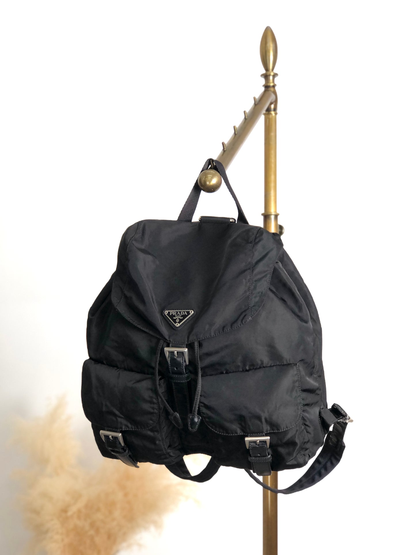 PRADA Tessuto Triangle Logo Double Pocket Backpack Black Vintage rr2dvd