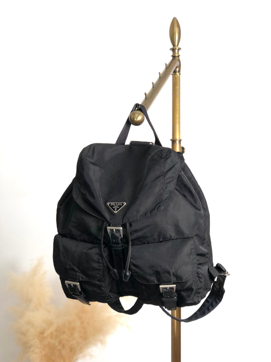PRADA Tessuto Triangle Logo Double Pocket Backpack Black Vintage rr2dvd