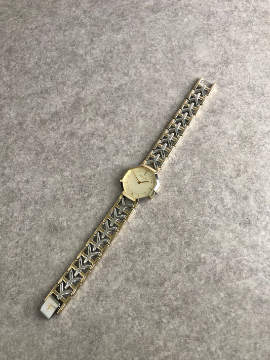 Yves Saint Laurent YSL Logo Octagon Quartz Watch Silver×Gold 4620-E62143 Vintage 4kdjvm