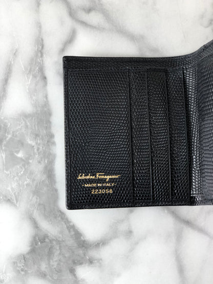 Salvatore Ferragamo Vala 絲帶皮革金屬扣折疊錢包黑色復古 2hapn4 