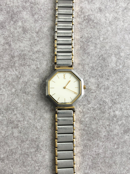 Yves Saint Laurent YSL Logo Quartz Watch Silver×Gold 1030081 Vintage rf4piy