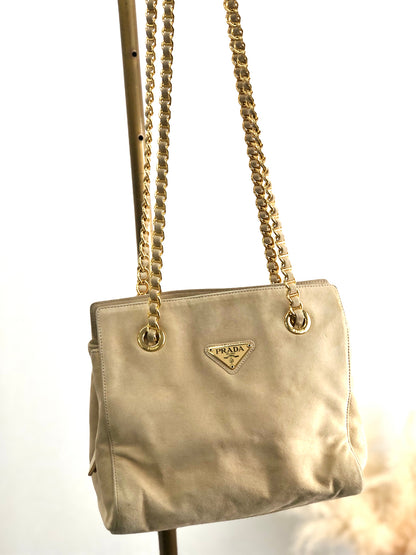 PRADA Triangle Logo Chain Shoulder bag Beige Vintage 4erk77