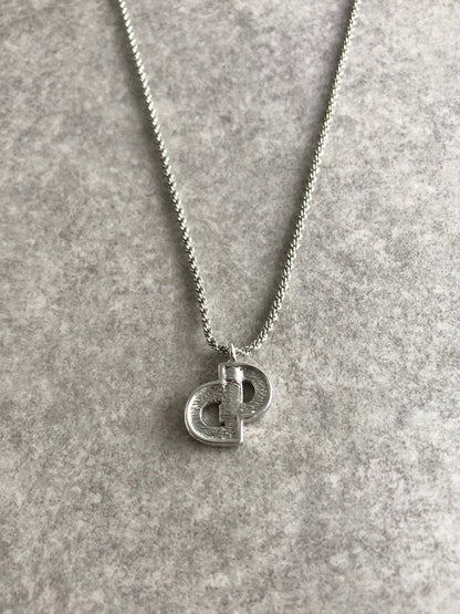Christian Dior CD Logo Rhinestone Necklace Silver Vintage nidi67