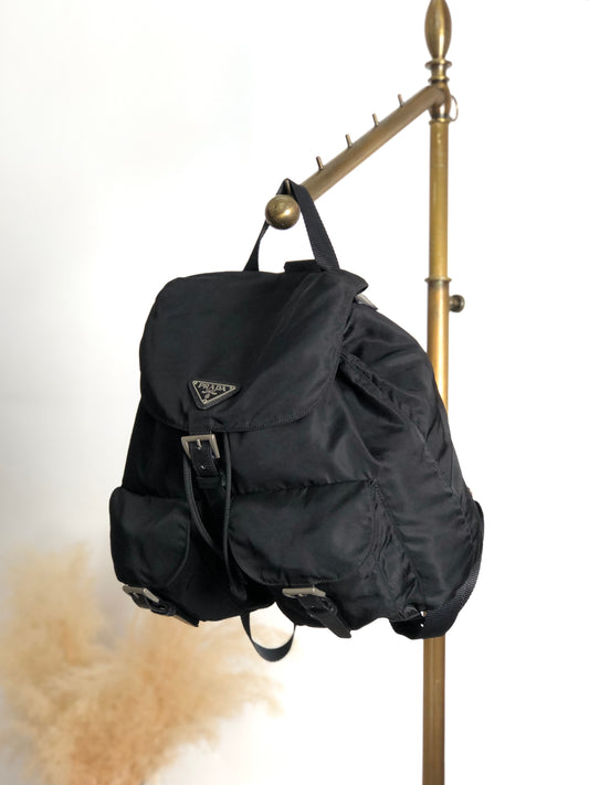 PRADA Tessuto Triangle Logo Front Buckle Backpack Black Vintage ku8tbi