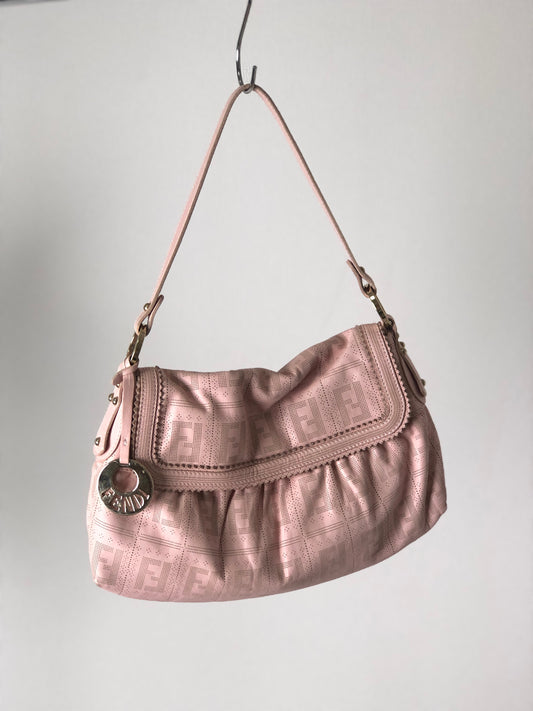 FENDI Zucca Logo Charm Jacquard Leather Shoulder bag Hobobag Pink Vintage uy85ci