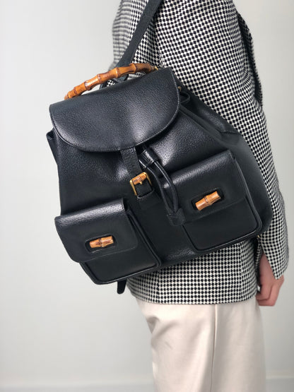 GUCCI Bamboo Front Buckle Backpack Black Vintage i34ihz