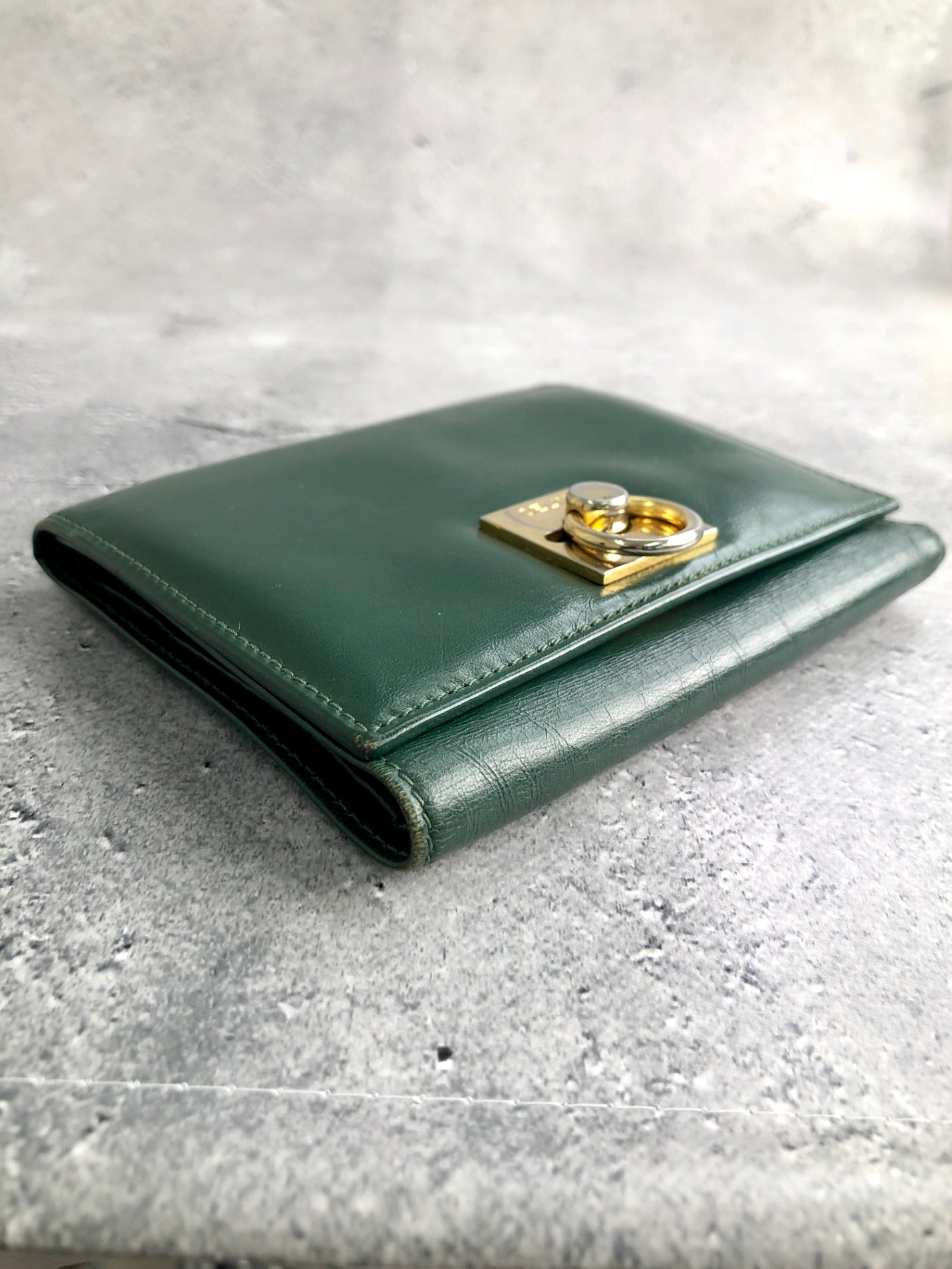 CELINE Gancini Trifold Wallet Green Vintage 4cifcs