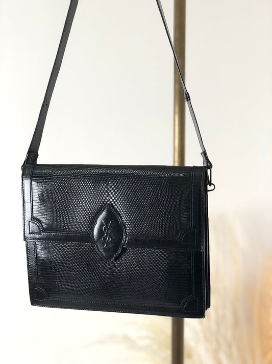 Yves Saint Laurent YSL Logo Lizard Embossed Leather Shoulder bag Black Vintage s6c365