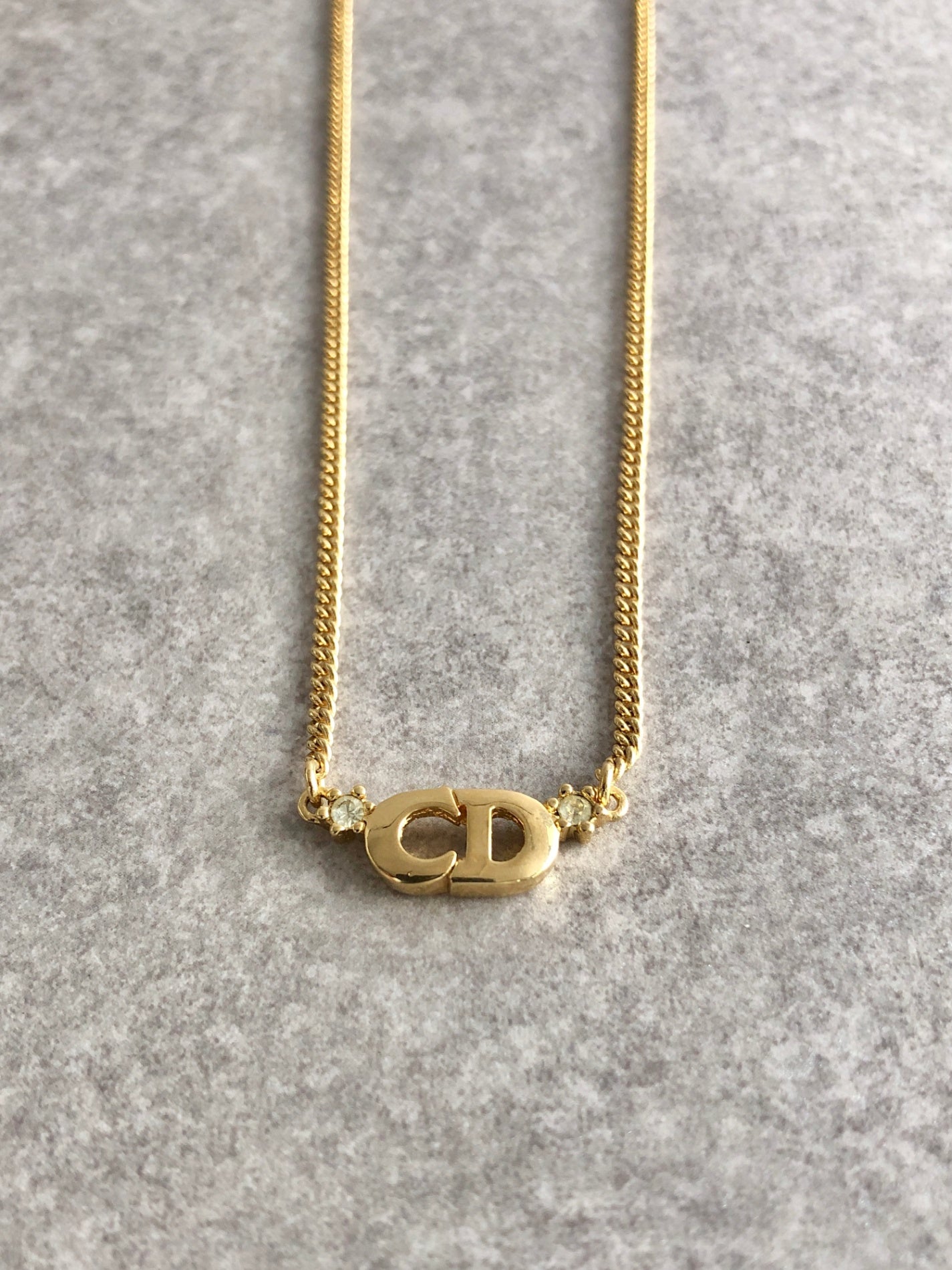 Christian Dior CD Logo Rhinestone Necklace Gold Vintage hrmhsa