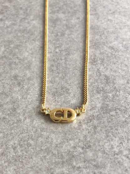 Christian Dior CD Logo Rhinestone Necklace Gold Vintage hrmhsa