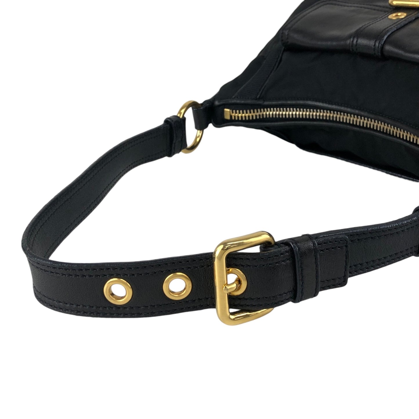 PRADA Triangle Logo Front Buckle Shoulder bag Hobobag Black Vintage kmr53p