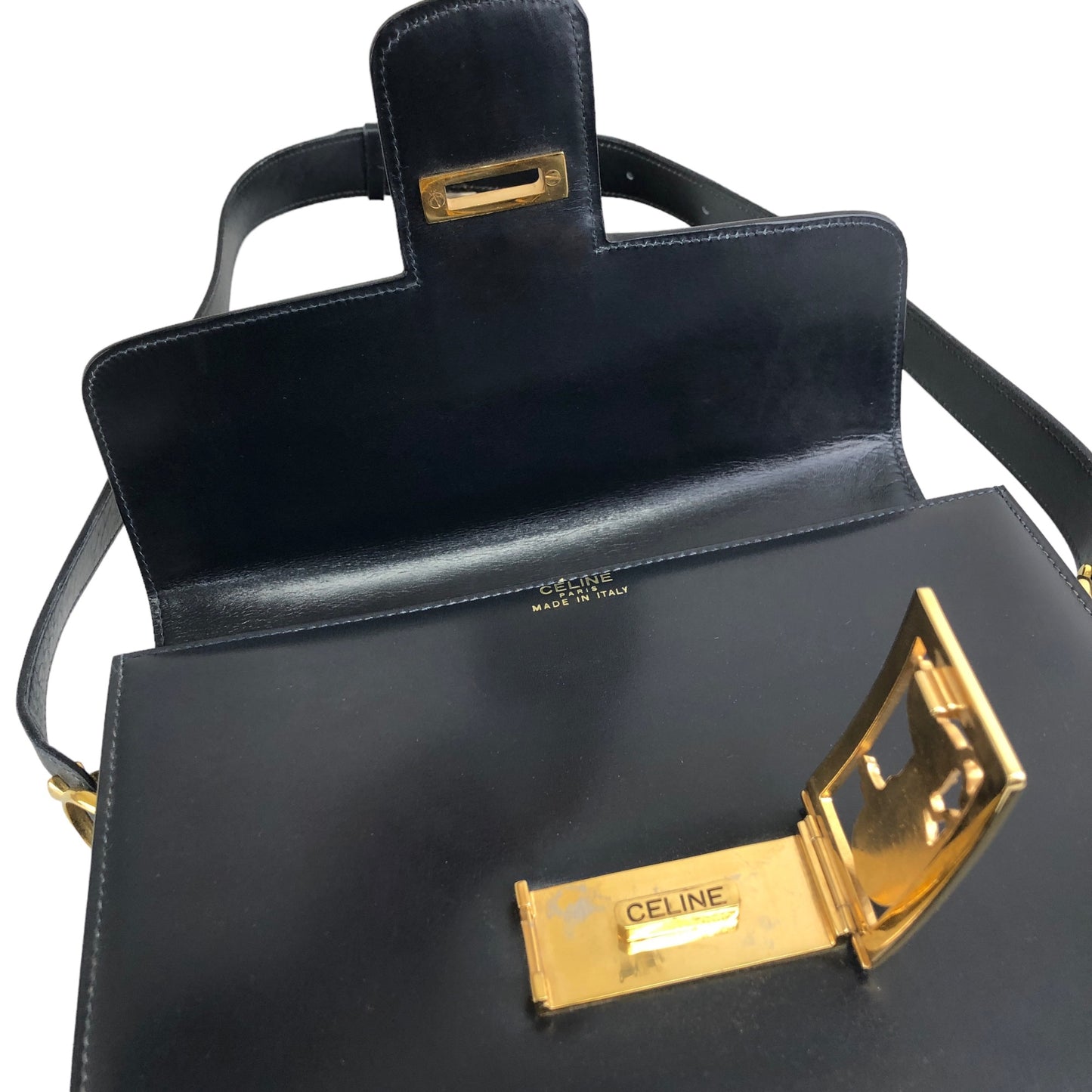 CELINE Horse Carriage Leather Shoulder bag Dark Navy Vintage  r2fr3z