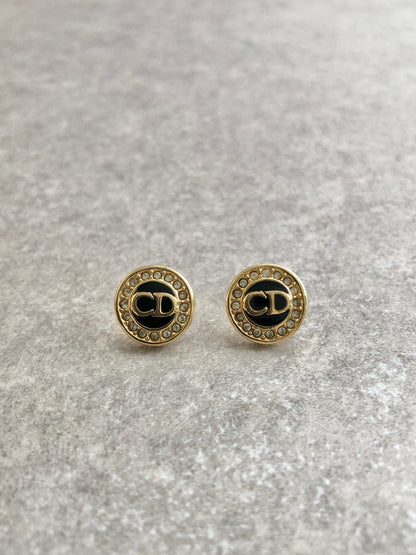Christian Dior CD Logo Rhinestone Pierced Black×Gold Vintage ayjypj