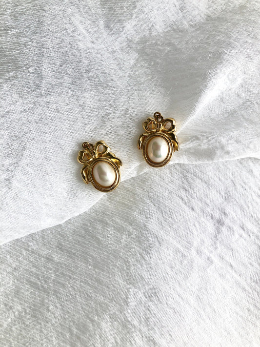 Christian Dior 緞帶圖案耳環 金色 復古 jjdksh