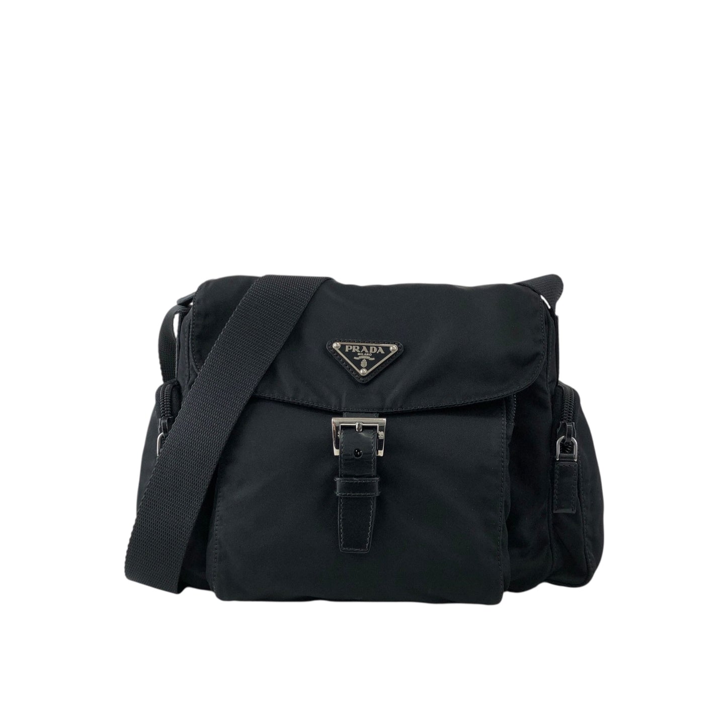 PRADA Tessuto Triangle Logo Front Buckle Side Pocket Shoulder bag Black Vintage pvgpkk
