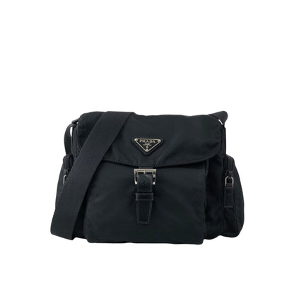 PRADA Tessuto Triangle Logo Front Buckle Side Pocket Shoulder bag Black Vintage pvgpkk