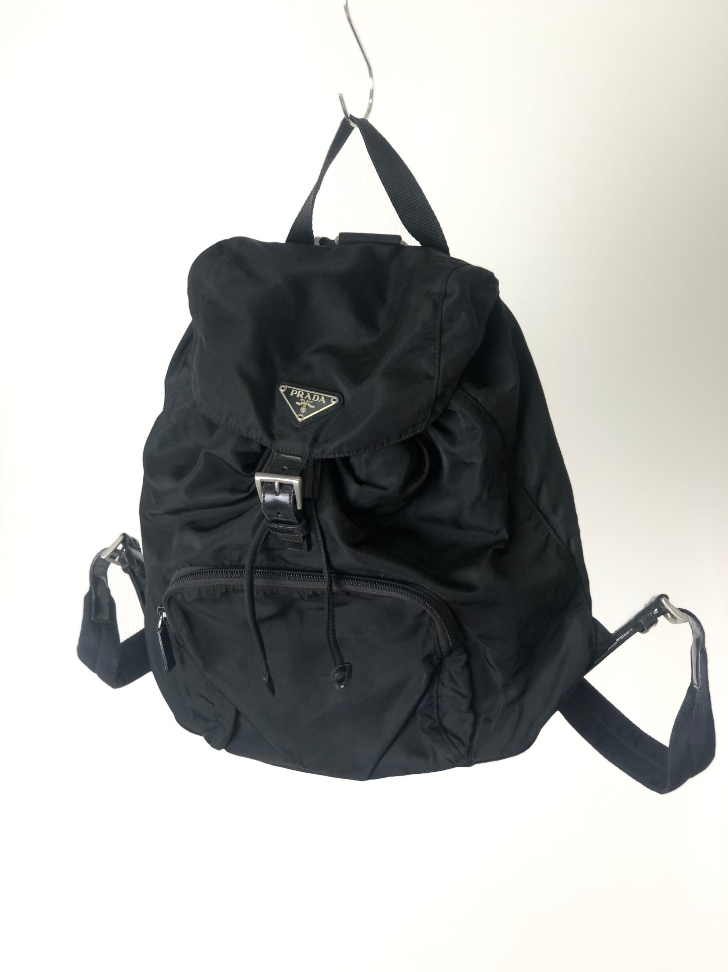 PRADA Triangle Logo Front Buckle Nylon Backpack Black Vintage c68je8