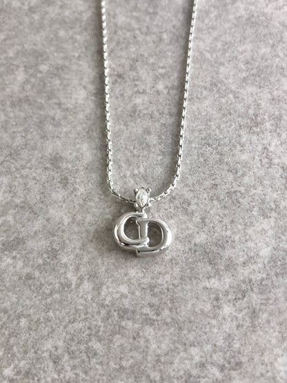 Christian Dior CD Logo Rhinestone Necklace Silver Vintage nc4bh4