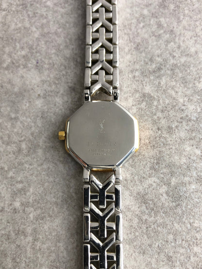 Yves Saint Laurent YSL Logo Octagon Quartz Watch Silver×Gold 2200-226313 Vintage famare