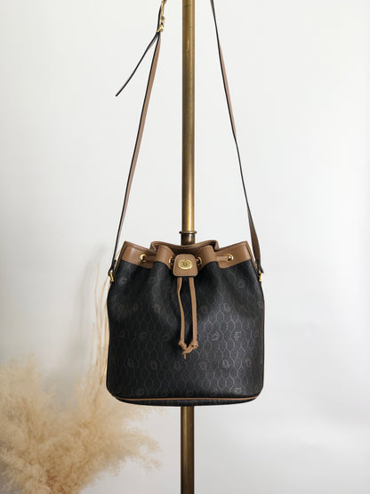 Christian Dior Honeycomb Pattern Drawstring Shoulder bag Black×Beige Vintage bgh644