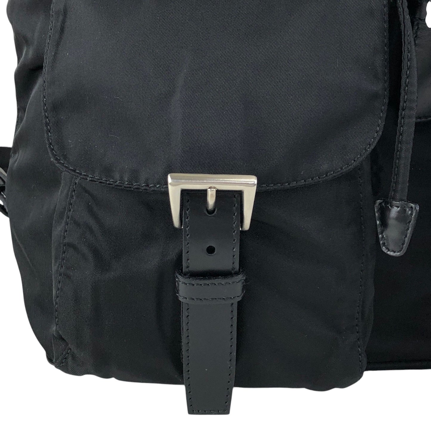 PRADA Tessuto Triangle Logo Front Buckle Double Pocket Backpack Black Vintage 5kjjr2