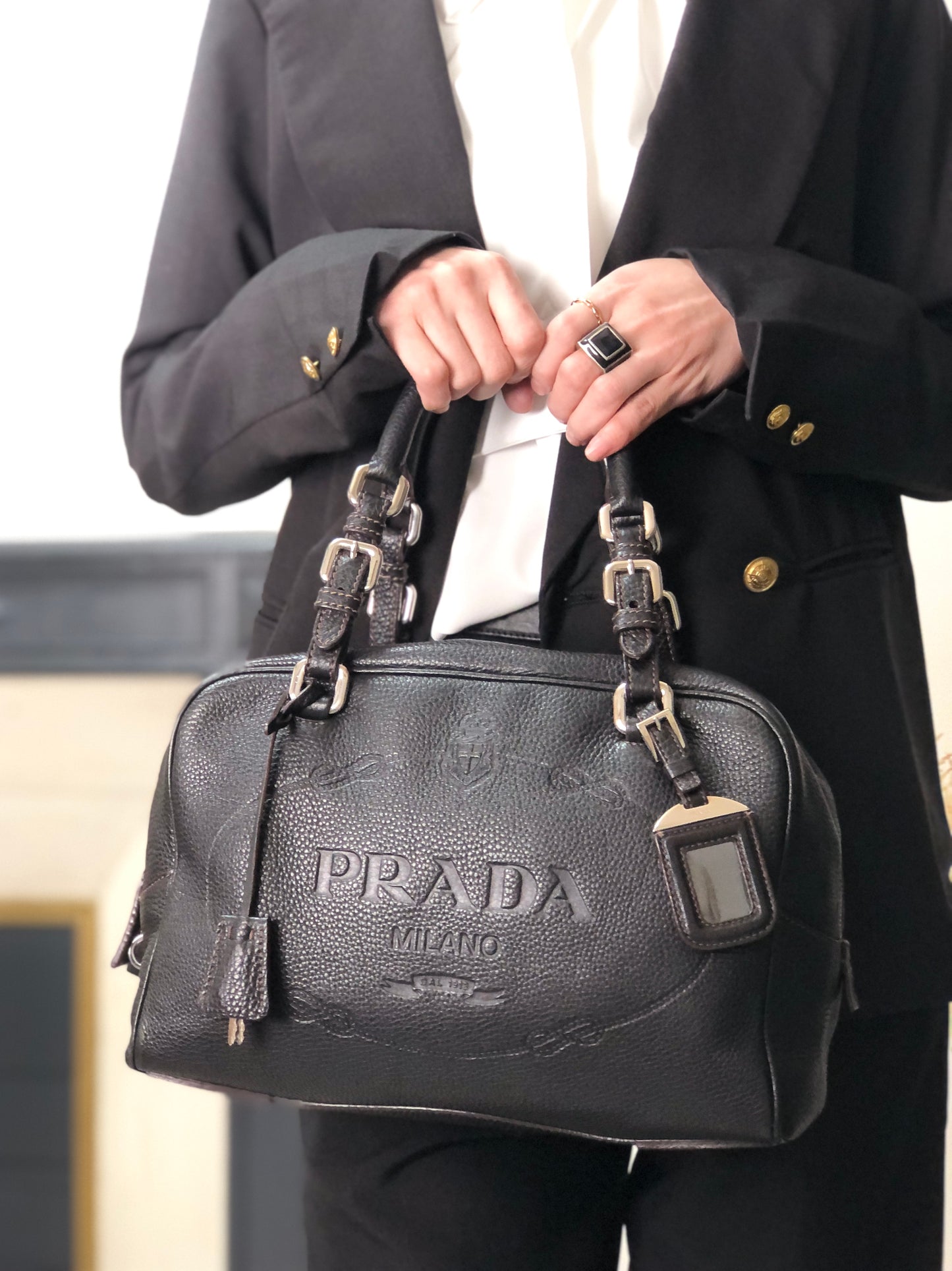 PRADA Logo Embossed Small Boston bag Handbag Black Vintage f8pbsn