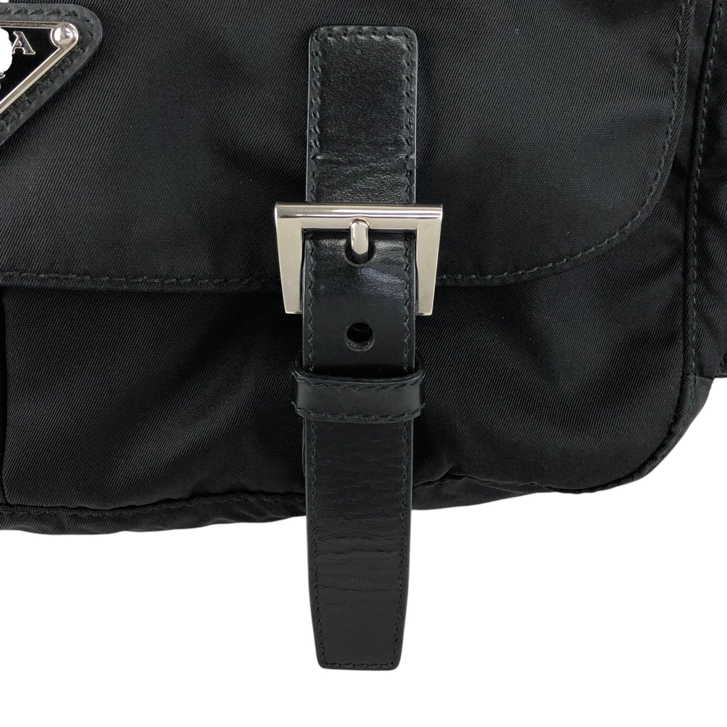 PRADA Tessuto Triangle Logo Front Buckle Double Pocket Shoulder bag Black Vintage yejdb4