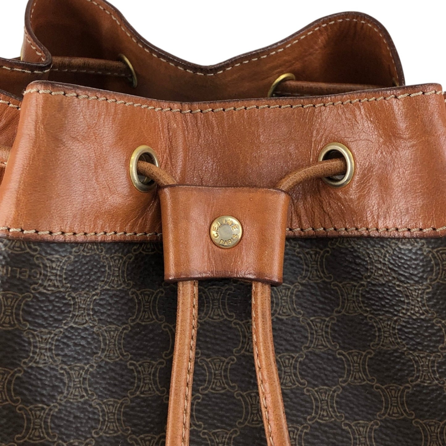 CELINE Macadam Blason Drawstring Shoulder bag Brown Vintage p8wjvh